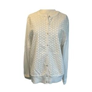 Ann Taylor Floral Laser Cut Faux Leather Cardigan Sweater Ivory Knit XL